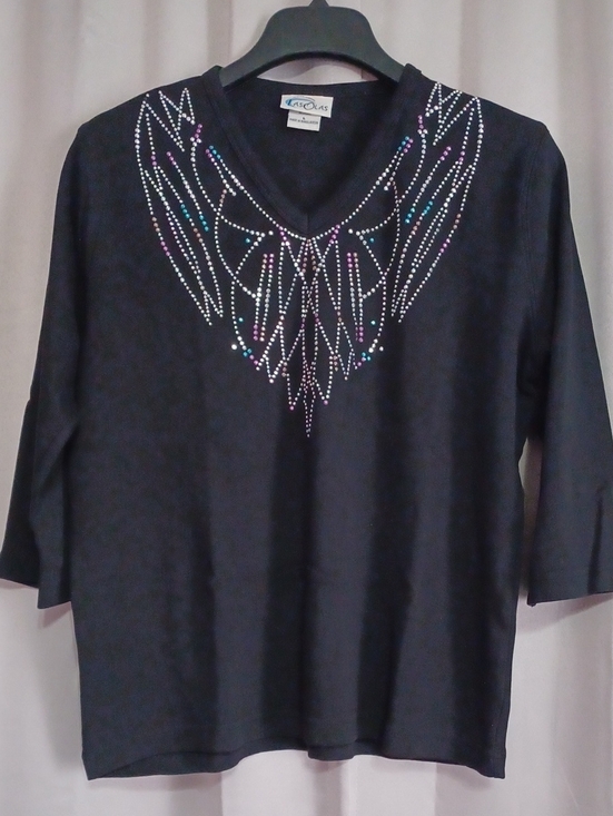 Las Olas Tops - Las Olas Black V-Neck 3/4 Sleeve Combed Cotton Top Silver Teal Purple Rhinestone